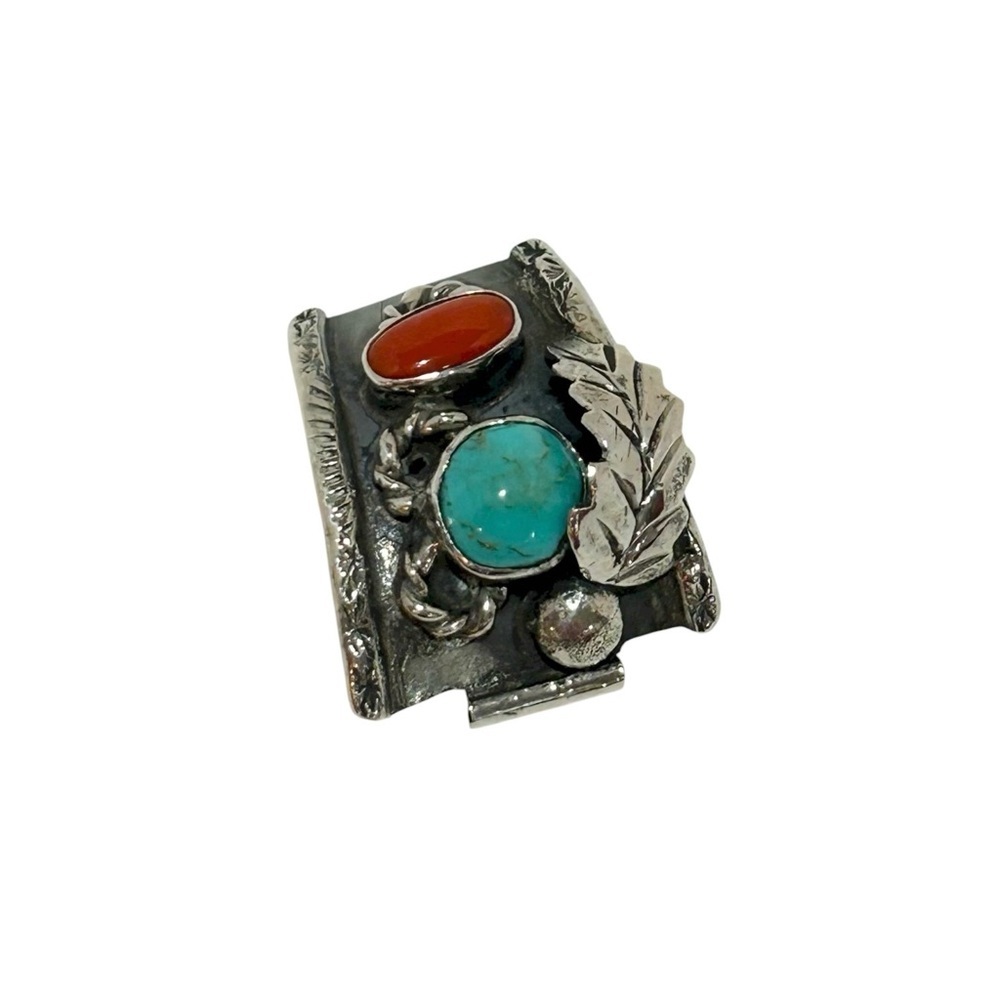VINTAGE Native American Indian Sterling Silver piece Turquoise Coral Leaf - Picture 3 of 12
